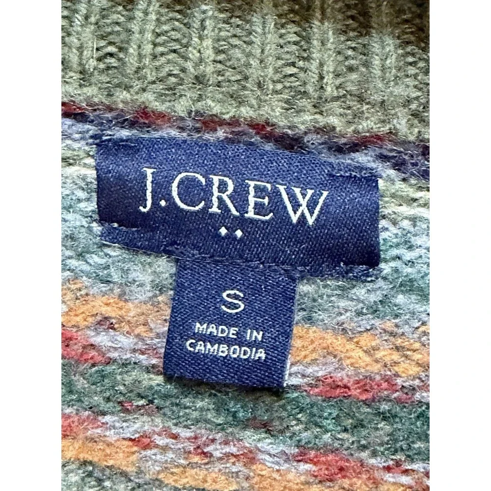 J. Crew Lambswool Blend Fair Isle Crewneck Sweater Mens Small Green Runs Small